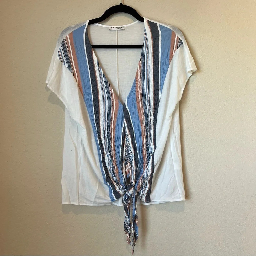 Zara striped tie front blouse